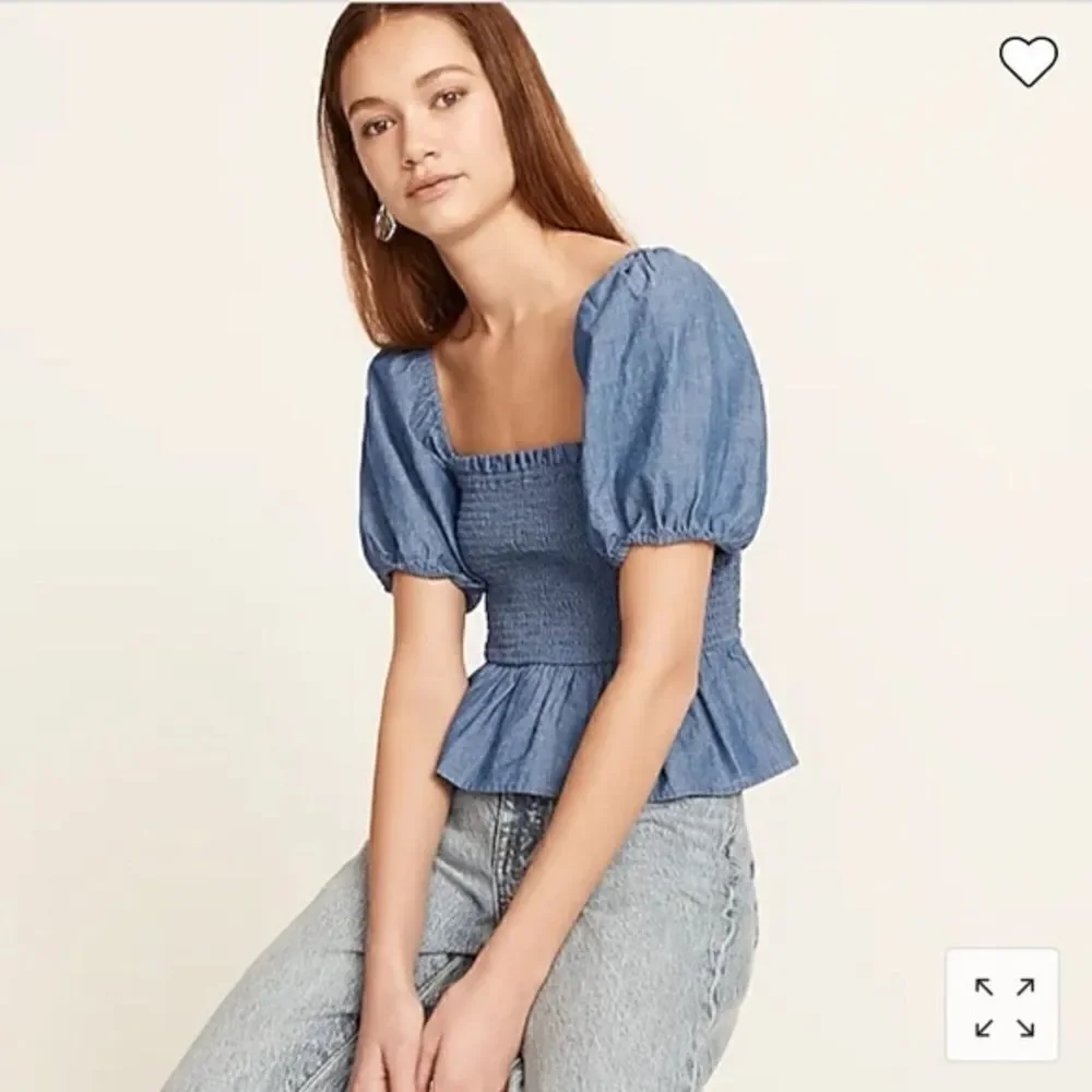 J Crew Chambray Squareneck Smocked Puff Sleeve Top NWT